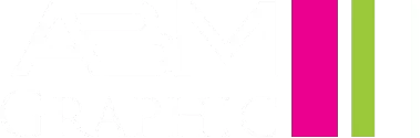 Logo ABM Graphic blanc avec bandes magenta et verte